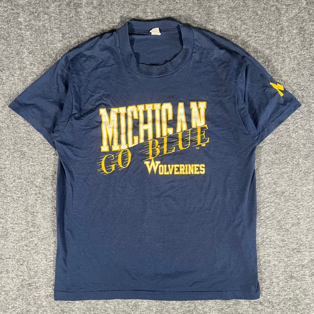 Vintage 80s Michigan Wolverines Go Blue T-Shirt Navy Blue Single Stitch Large